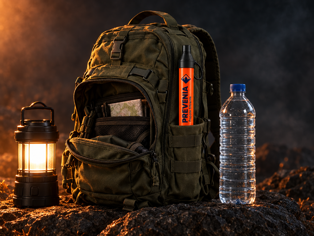 Mochila de emergencia con el popote filtrante Prevenia, lámpara y botella de agua