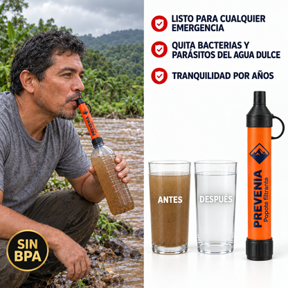 Hombre tomando agua del río con el popote filtrante Prevenia enroscado a una botella; antes y después del filtrado