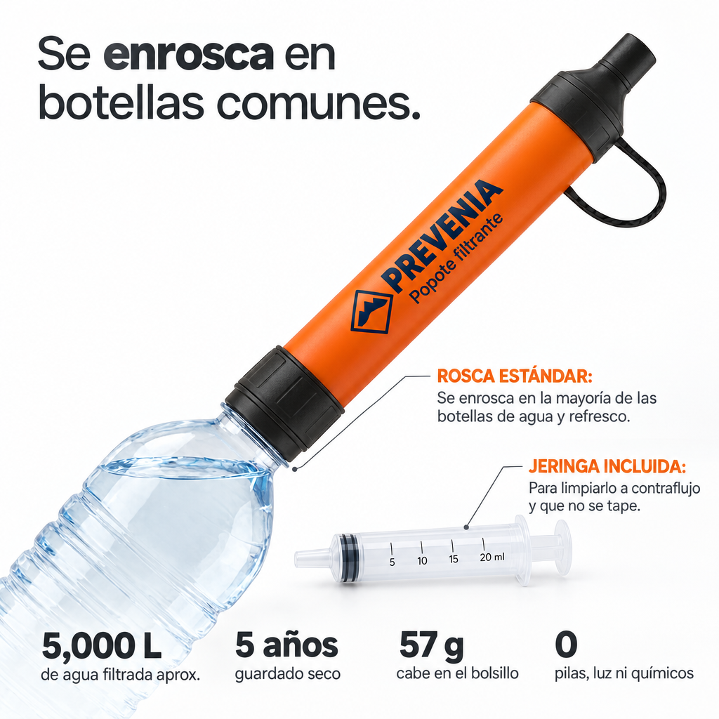 Popote filtrante Prevenia enroscado a una botella, con jeringa incluida