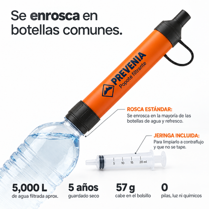 Popote filtrante Prevenia enroscado a una botella, con jeringa incluida