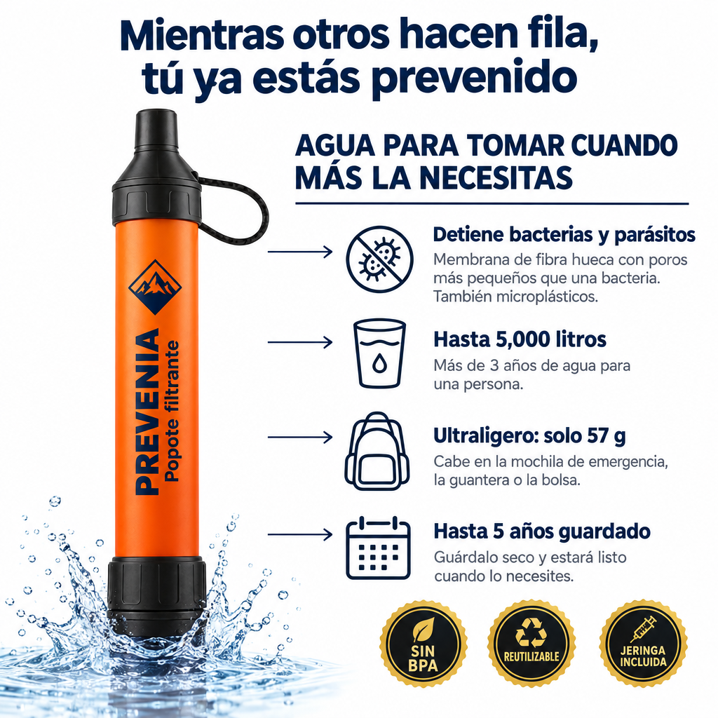 Beneficios del popote filtrante Prevenia: detiene bacterias y parásitos, hasta 5,000 litros, 57 g, hasta 5 años guardado