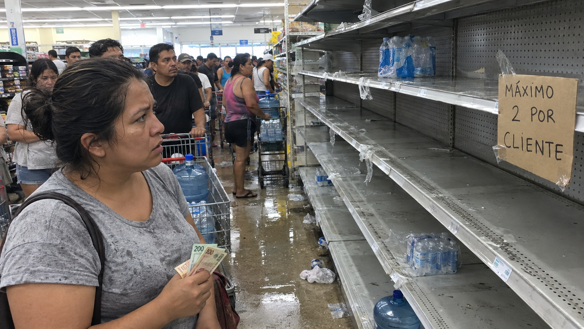 Mujer con billetes frente a un anaquel de agua vacío con el cartel Máximo 2 por cliente
