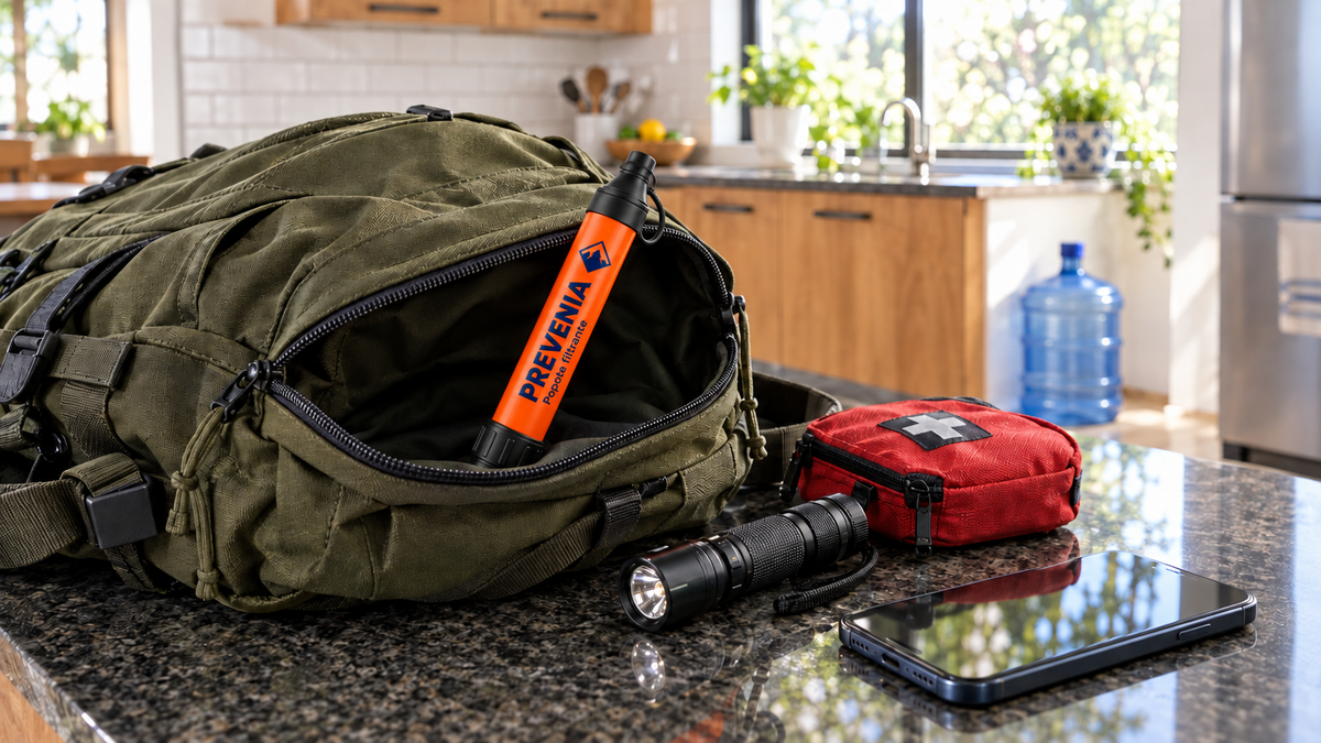 Popote filtrante Prevenia en una mochila de emergencia sobre la barra de la cocina, con garrafón al fondo